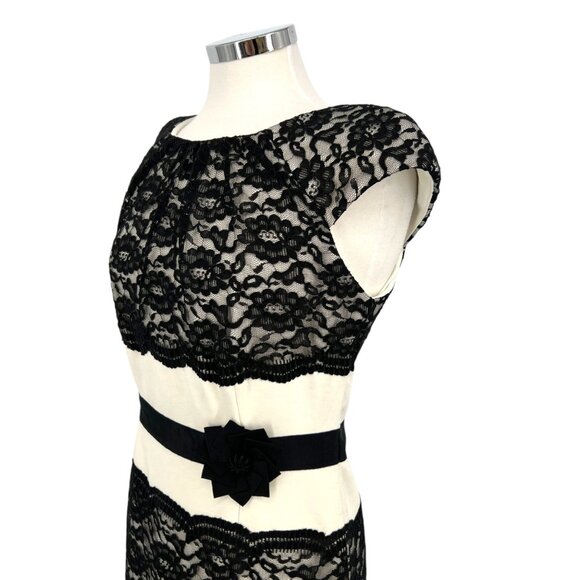 Jax Lace Sheath Dress With Cap Sleeves Floral Waist Detail Black Ivory Size 12 - Picture 5 of 12